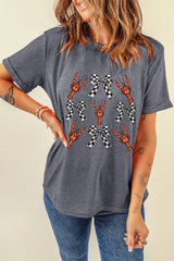 Gray Checkered Bow Crawfish Printed Summer Tee Graphic Tees JT's Designer Fashion