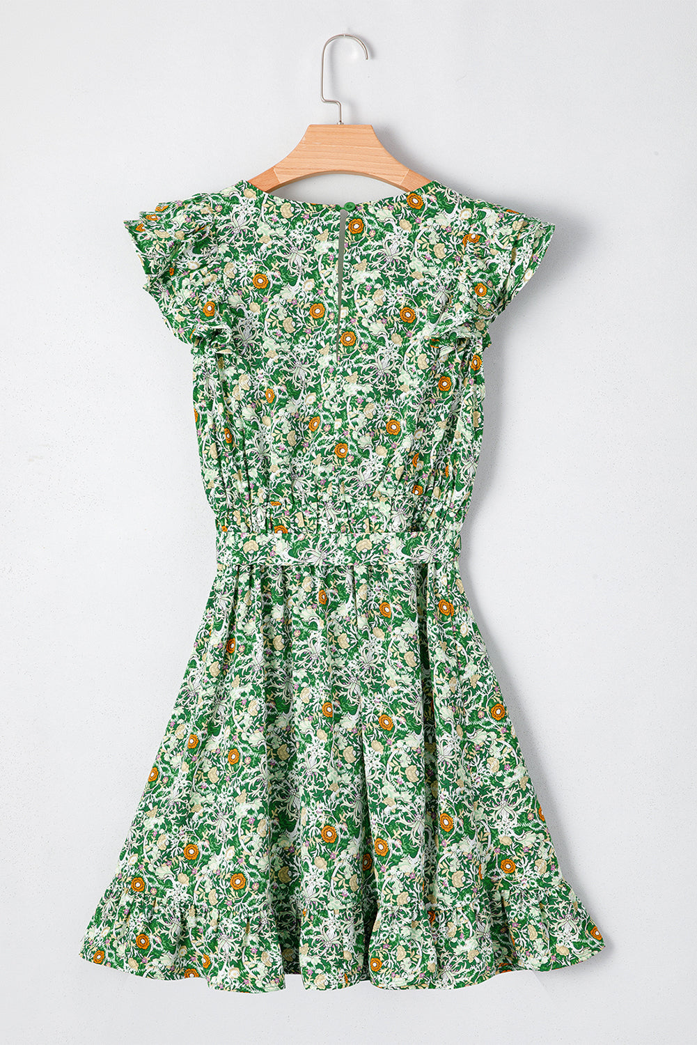 Green Flower Print Flutter Sleeve V Neck Sashed Ruffled Mini Dress Floral Dresses JT's Designer Fashion