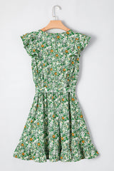 Green Flower Print Flutter Sleeve V Neck Sashed Ruffled Mini Dress Floral Dresses JT's Designer Fashion