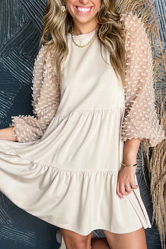Beige Embellished Puff Sleeve Tiered A-line Dress Mini Dresses JT's Designer Fashion