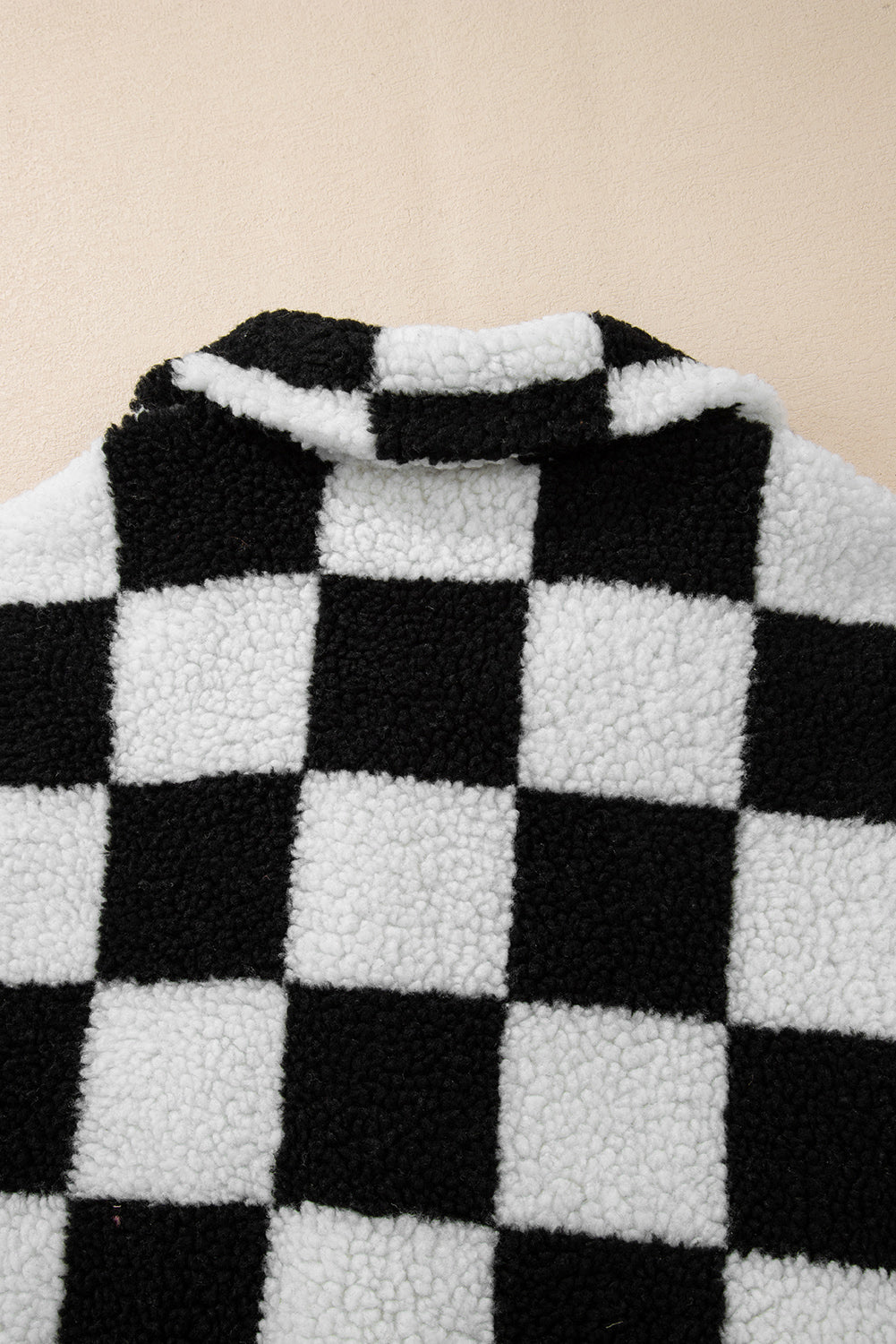 Black Checkered Side Pockets Collared Buttoned Fleece Jacket Jackets JT's Designer Fashion