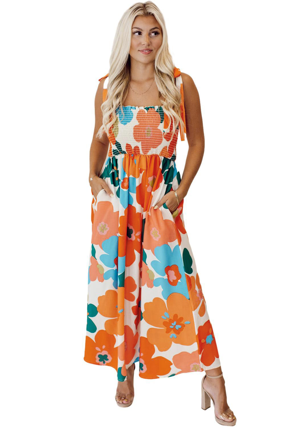 Orange Floral Self Tied Straps Smocked Bust Maxi Dress Floral Dresses JT's Designer Fashion