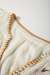 Beige Floral Embroidered Textured Puff Sleeve Loose Shirt Blouses & Shirts JT's Designer Fashion