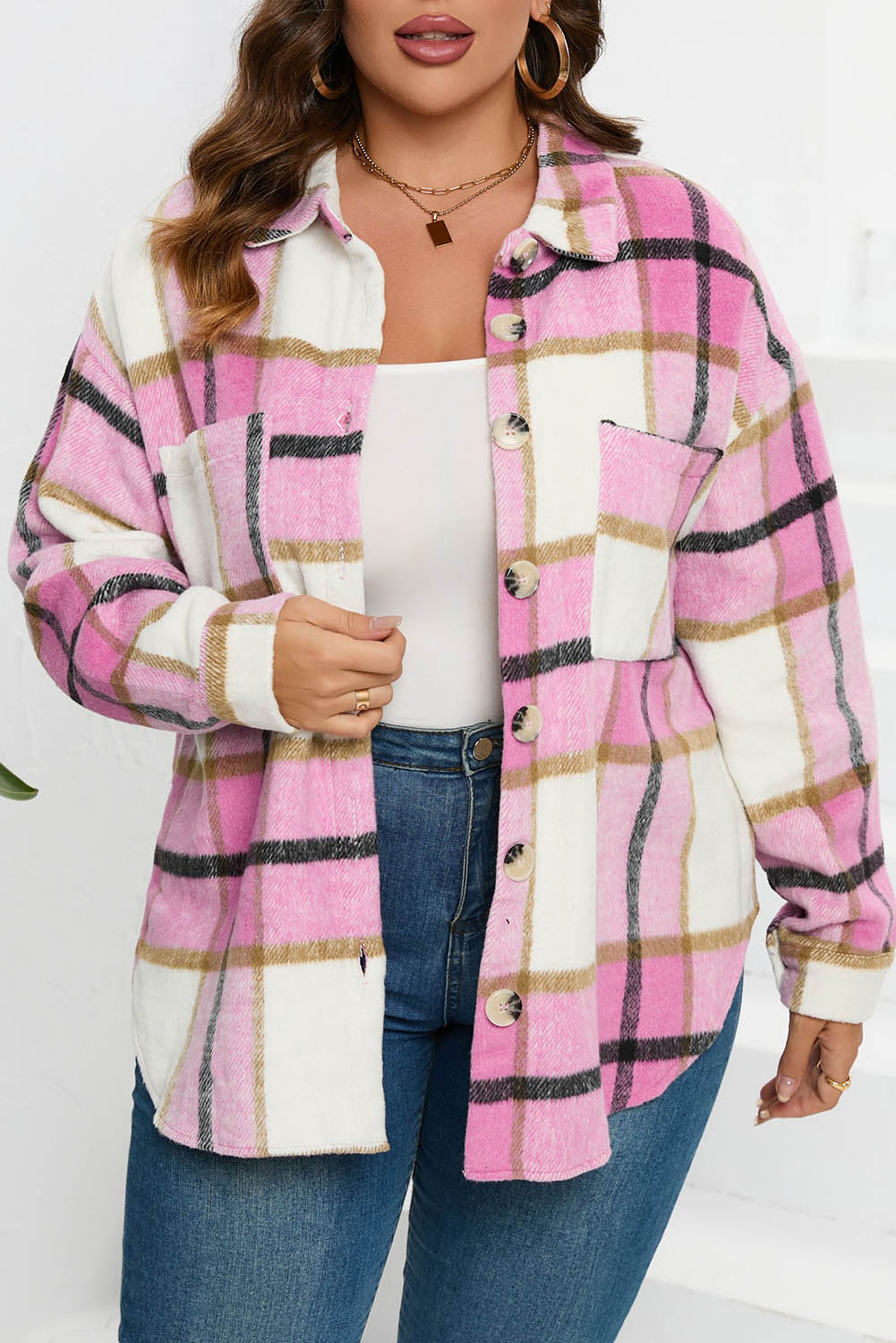 Pink Plaid Color Block Buttoned Long Sleeve Jacket with Pocket Pink-2 95%Polyester+5%Spandex Plaid Shackets JT's Designer Fashion