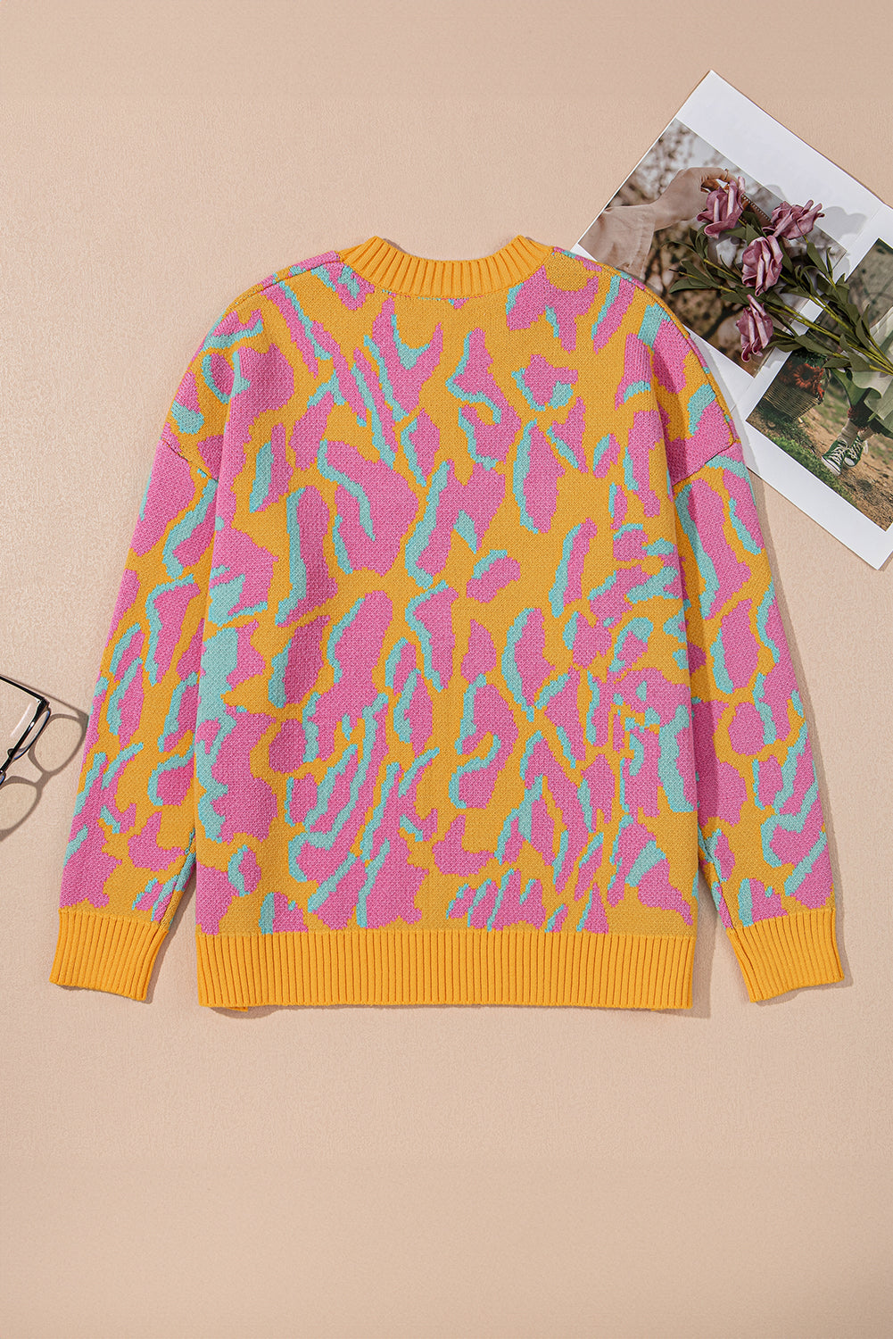 Bright Pink Plus Size Leopard Ribbed Trim Sweater Plus Size Sweaters & Cardigans JT's Designer Fashion