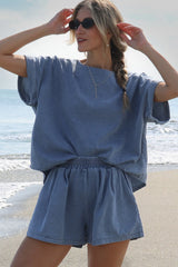 Light Blue Denim Cuffed Sleeve Tee Elastic Shorts Set Short Sets JT's Designer Fashion