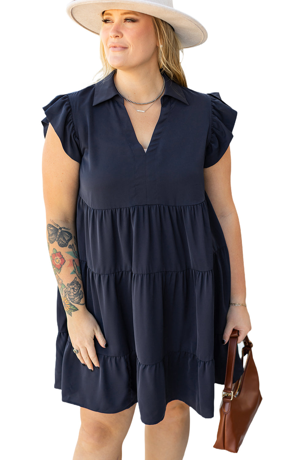 Navy Blue Collared V Neck Flutter Sleeve Tiered Plus Size Dress Plus Size Mini Dresses JT's Designer Fashion