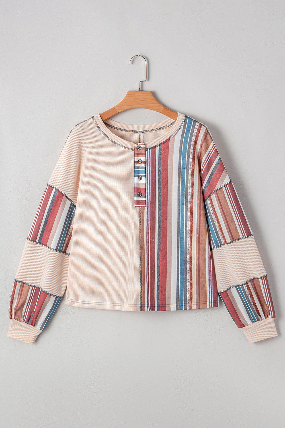 Beige Striped Waffle Patchwork Exposed Seam Raw Edge Casual Knit Top Blouses & Shirts JT's Designer Fashion