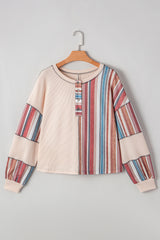 Beige Striped Waffle Patchwork Exposed Seam Raw Edge Casual Knit Top Blouses & Shirts JT's Designer Fashion