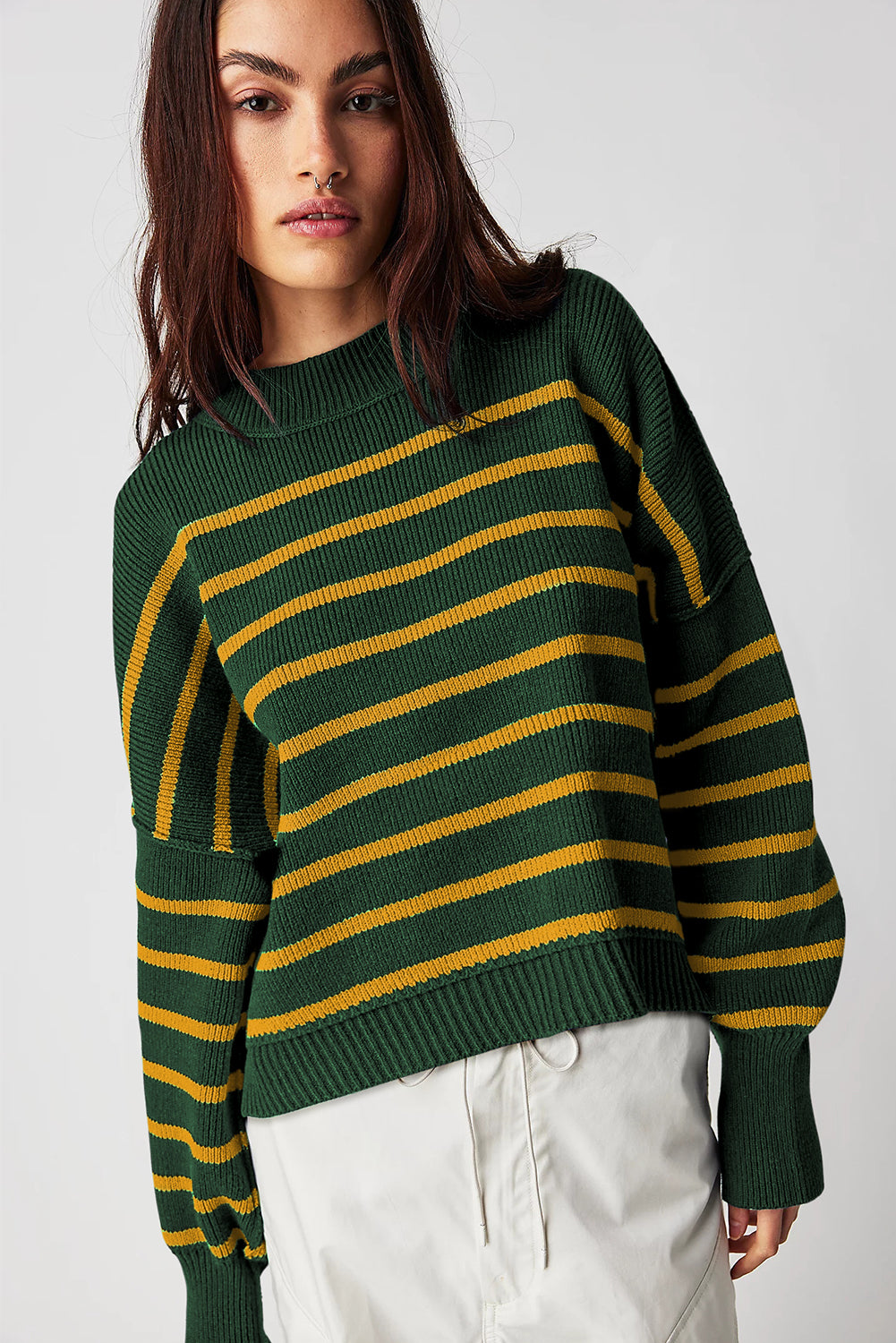 Green Stripe Ribbed Drop Shoulder Baggy Sweater Sweaters JT's Designer Fashion