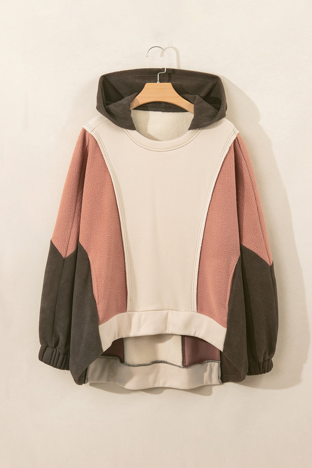 Beige Oversized Color Block Patchwork High Low Hoodie Sweatshirts & Hoodies JT's Designer Fashion