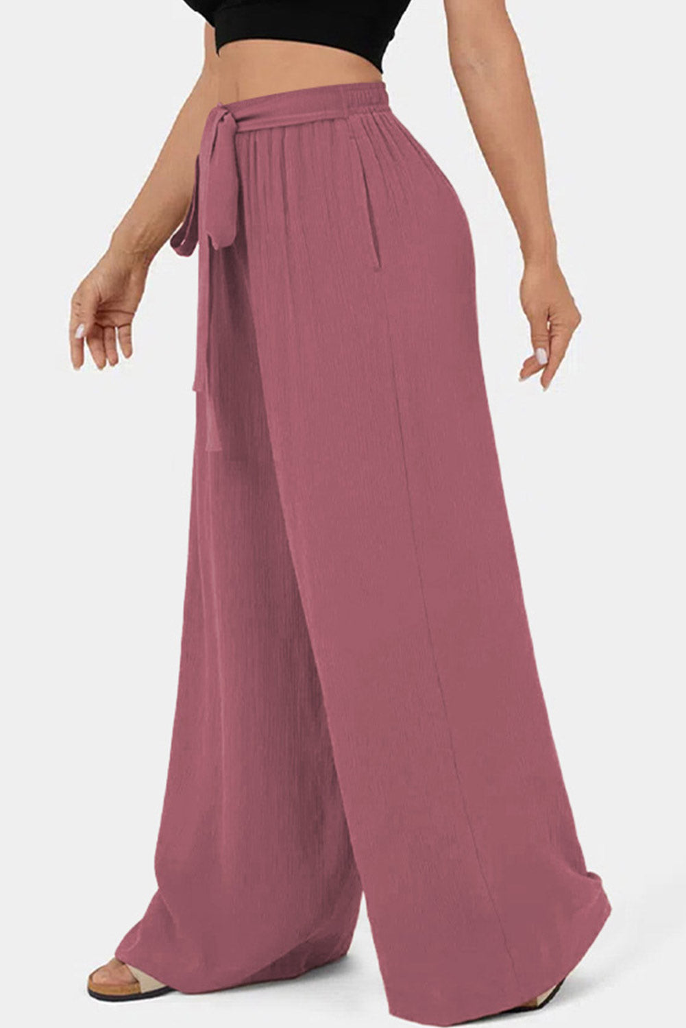 Rose Tan High Waisted Tie Front Side Pocket Wide Leg Flowy Casual Pants Pants & Culotte JT's Designer Fashion