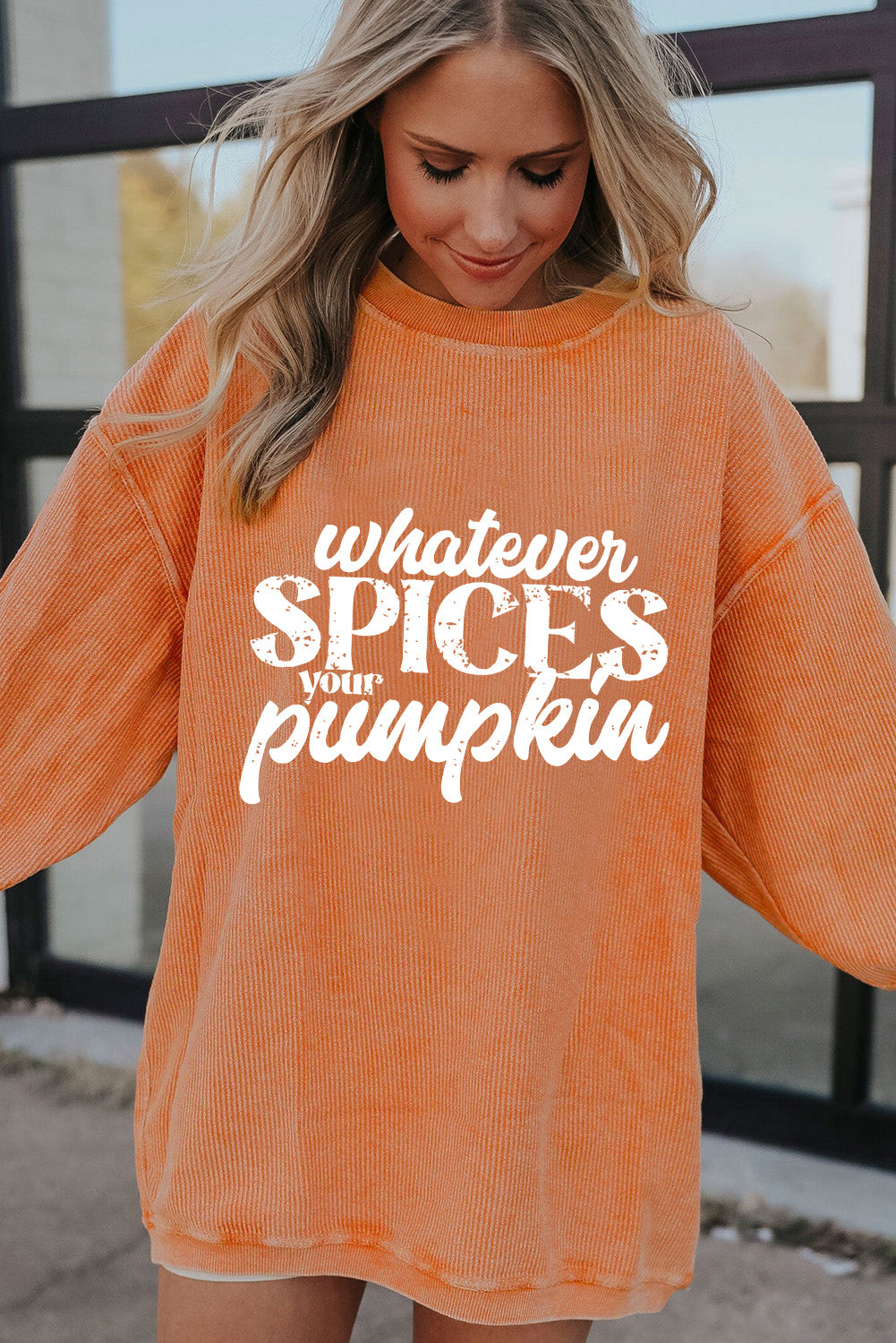 Orange Whatever Spices Your Pumpkin Graphic Corded Pullover Sweatshirt Graphic Sweatshirts JT's Designer Fashion