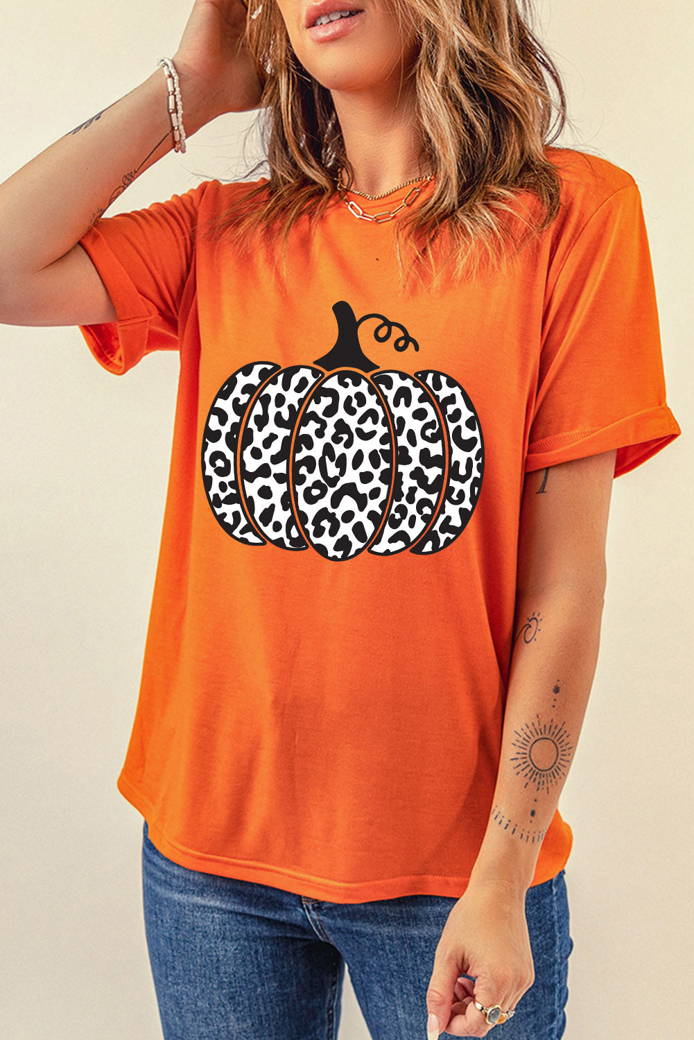 Orange Leopard Pumpkin Graphic Daily Fashion Tee Graphic Tees JT's Designer Fashion