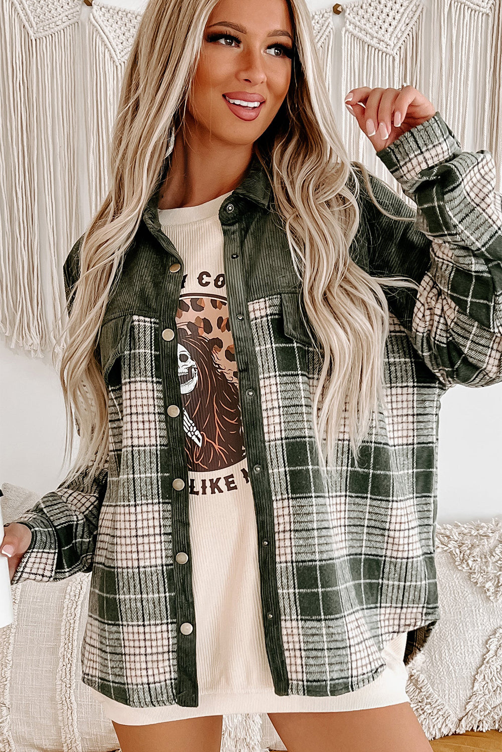 Blackish Green Snap Buttons Colorblock Plaid Shacket Plaid Shackets JT's Designer Fashion