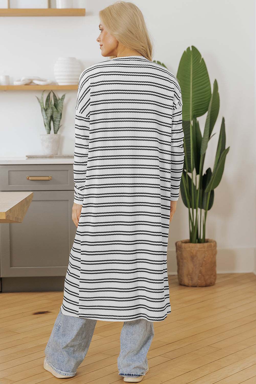 Black Stripe Print Open Front Duster Cardigan Cardigans JT's Designer Fashion
