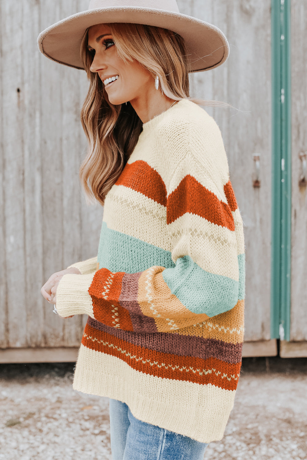Crew Neck Drop-shoulder Striped Color Block Sweater Sweaters & Cardigans JT's Designer Fashion
