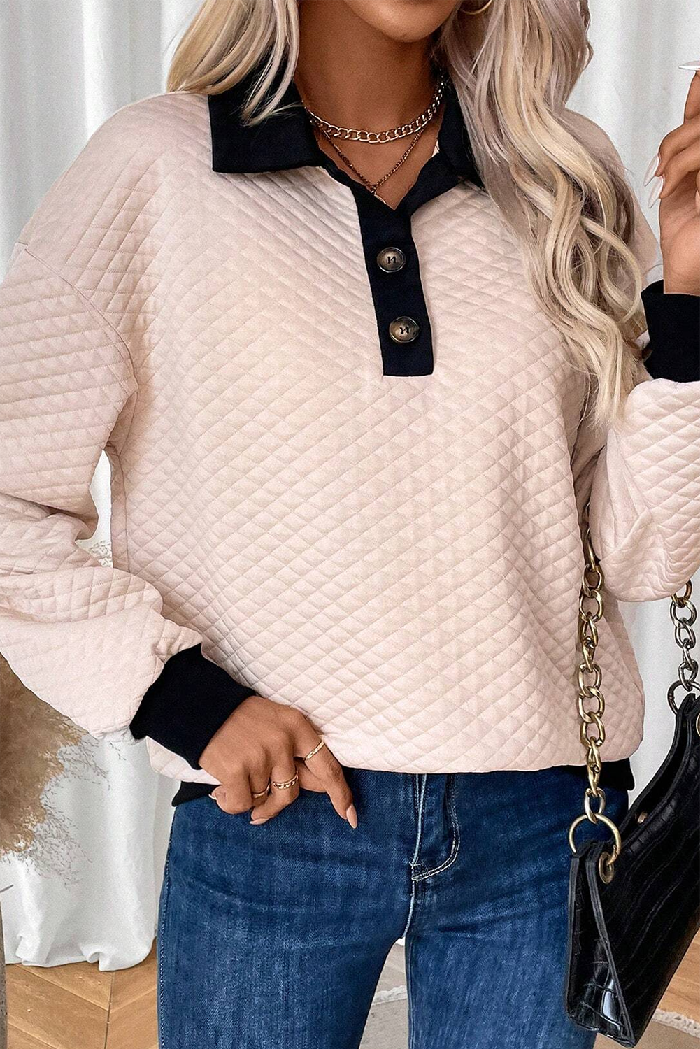 Oatmeal Textured Colorblock Edge Buttoned Collar Sweatshirt Sweatshirts & Hoodies JT's Designer Fashion