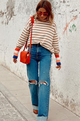 Brown Stripe Colorblock Bishop Sleeve Turtleneck Sweater Sweaters JT's Designer Fashion