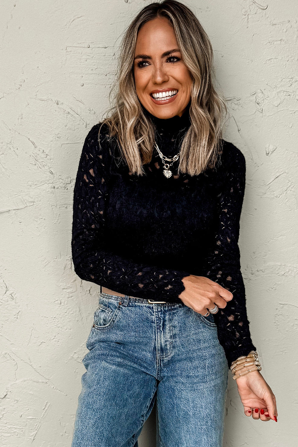 Black Flower Lace See Through Mock Neck Long Sleeve Top Long Sleeve Tops JT's Designer Fashion