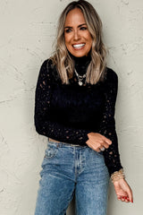 Black Flower Lace See Through Mock Neck Long Sleeve Top Long Sleeve Tops JT's Designer Fashion