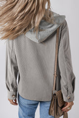 Light Grey Hooded Drawstring Pockets Corduroy Shacket Jackets JT's Designer Fashion