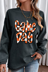 Dark Grey Chenille Checkered Game Day Graphic Drop Shoulder Corded Sweatshirt Graphic Sweatshirts JT's Designer Fashion