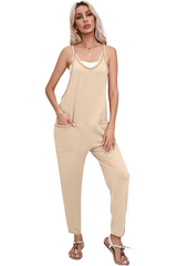 Apricot Side Pockets Harem Pants Sleeveless V Neck Jumpsuit Bottoms JT's Designer Fashion