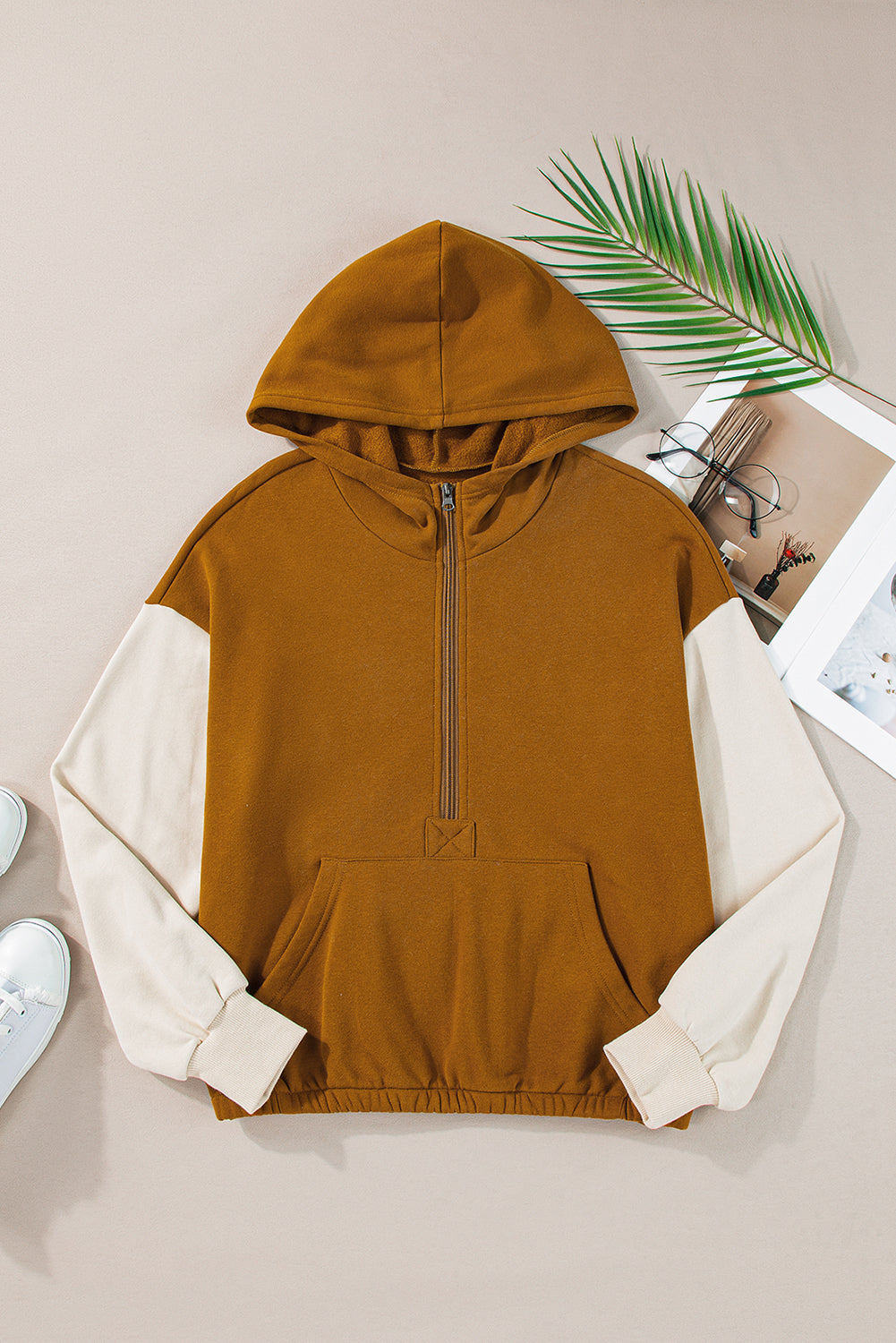Chestnut Color Block Half Zip Kangaroo Pocketed Hoodie Sweatshirts & Hoodies JT's Designer Fashion