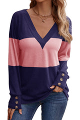 Blue Stripe Colorblock Button Decor Long Sleeve V Neck Top Long Sleeve Tops JT's Designer Fashion