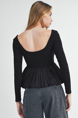 Black Ribbed Knit Long Sleeve Scoop Neck Peplum Patchwork Top Long Sleeve Tops JT's Designer Fashion