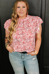 Pink Plus Size Floral Print Ruffled Sleeve Frilled Neck Blouse Plus Size Tops JT's Designer Fashion