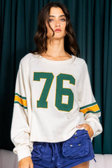 White Number 76 Printed Retro Sporty Long Sleeve Top Long Sleeve Tops JT's Designer Fashion