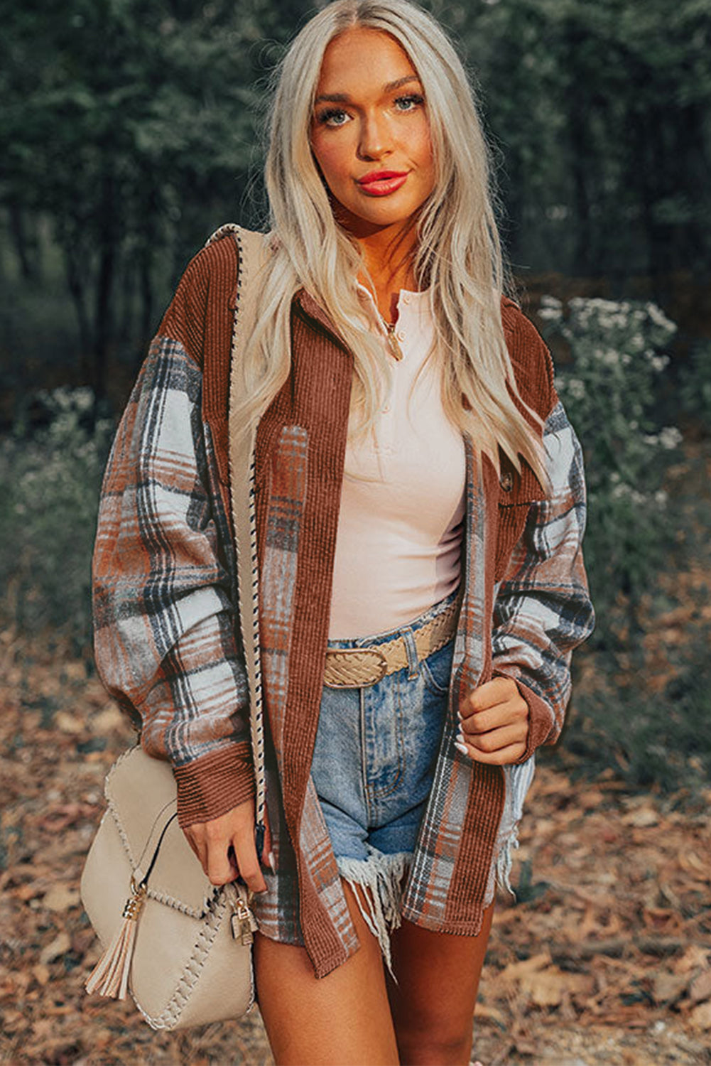 Cinnamon Plaid Corduroy Patchwork Chest Pocket Shacket Plaid Shackets JT's Designer Fashion