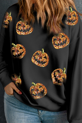 Black Sequin Pumpkin Face Graphic Plus Size Halloween Sweatshirt Black 50%Polyester+50%Cotton Graphic Plus Size JT's Designer Fashion