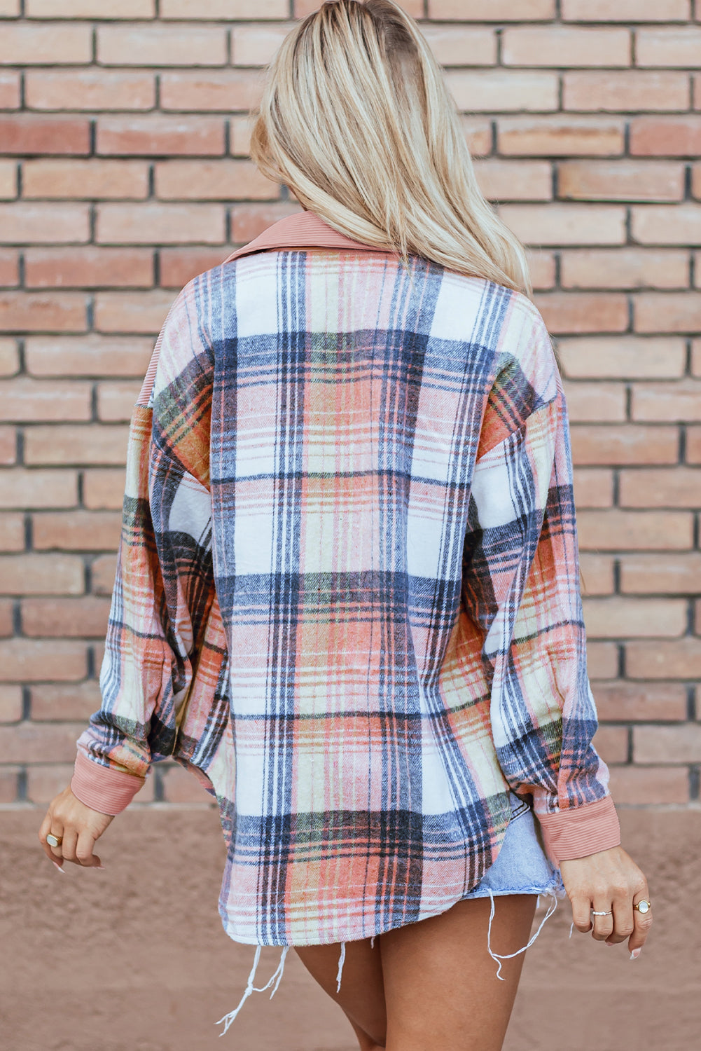 Light Pink Plaid Corduroy Patchwork Chest Pocket Shacket Plaid Shackets JT's Designer Fashion