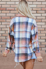 Light Pink Plaid Corduroy Patchwork Chest Pocket Shacket Plaid Shackets JT's Designer Fashion