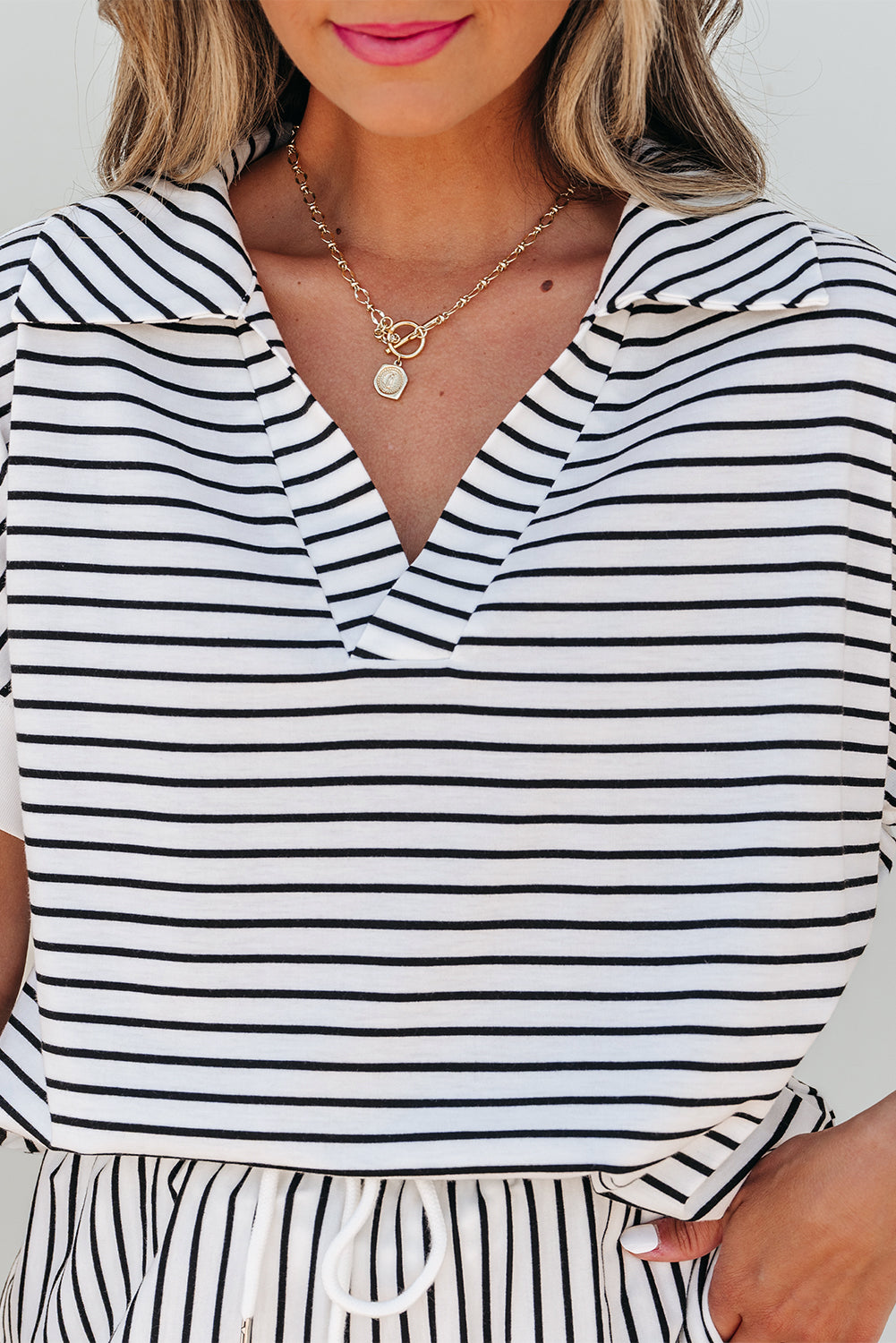 Black Stripe V Neck Tee and Casual Short Set Short Sets JT's Designer Fashion