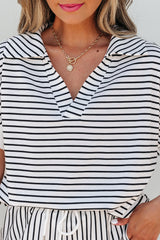 Black Stripe V Neck Tee and Casual Short Set Short Sets JT's Designer Fashion