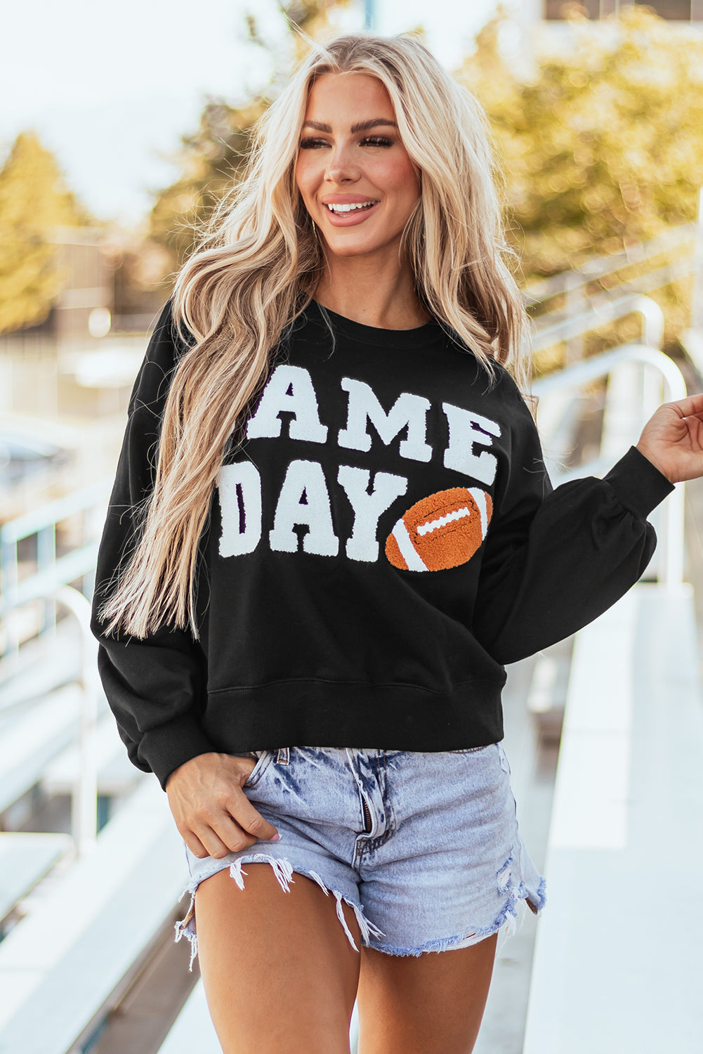 Black GAME DAY Graphic Varsity Pullover Sweatshirt Sweatshirts & Hoodies JT's Designer Fashion