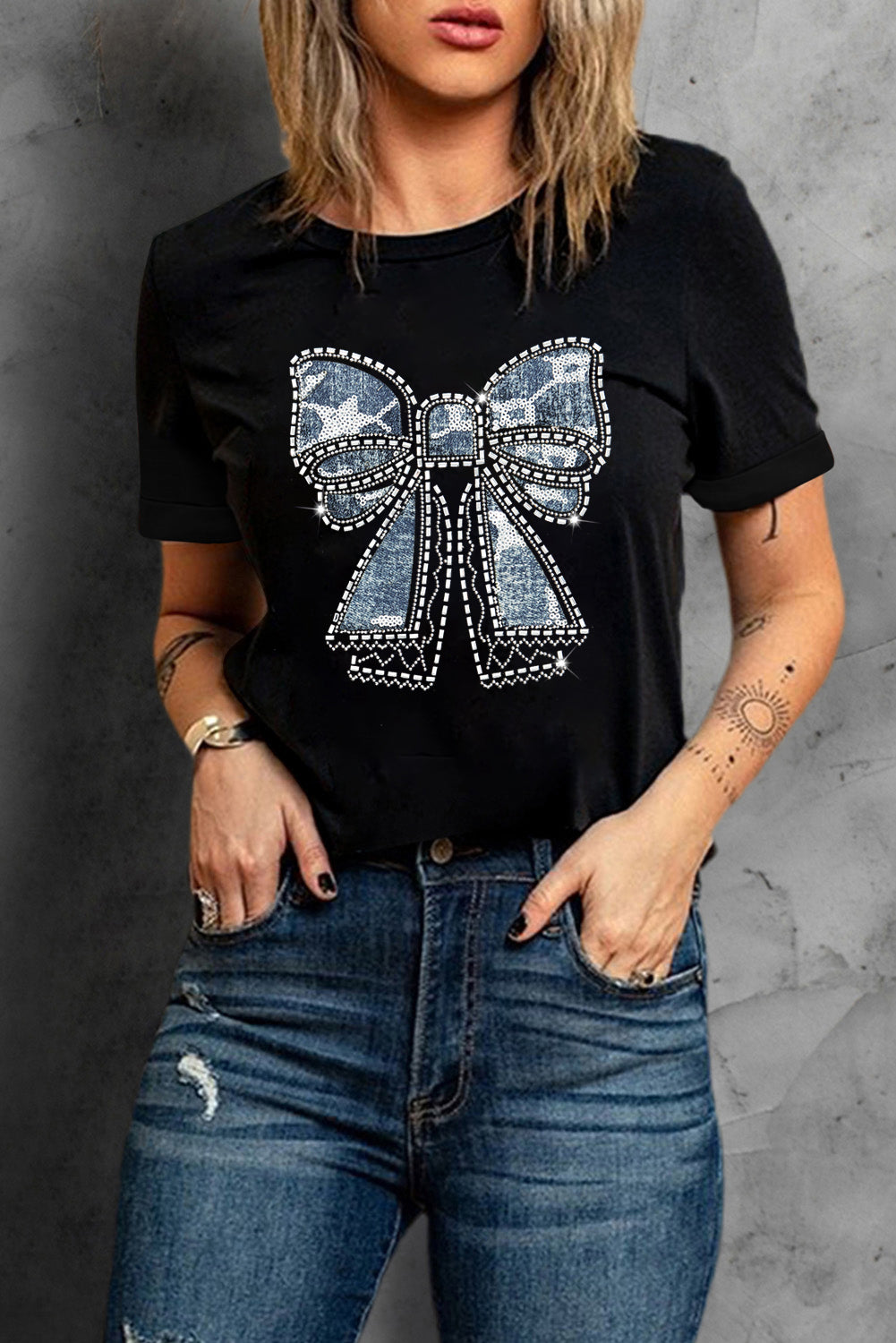 Black Rhinestone Bowknot Graphic Crewneck T Shirt Graphic Tees JT's Designer Fashion