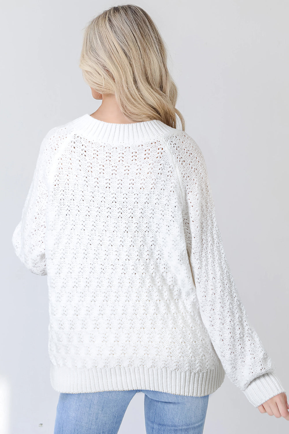 White Textured Knit Ribbed Edge V Neck Loose Sweater Sweaters JT's Designer Fashion