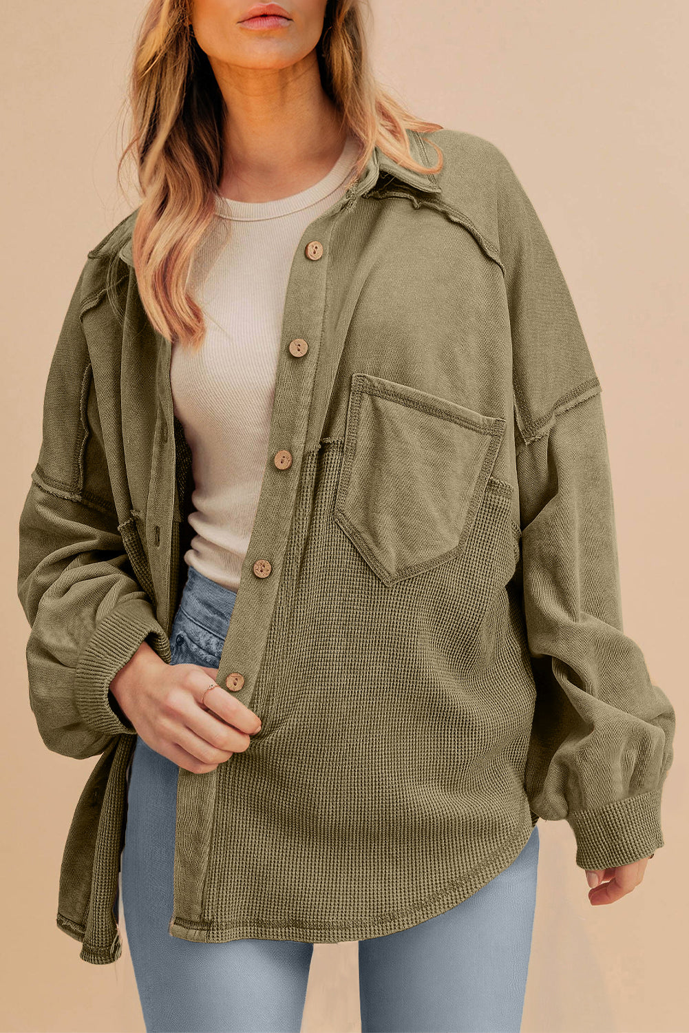 Moss Green Waffle Knit Patchwork Buttoned Oversized Shacket Jackets JT's Designer Fashion