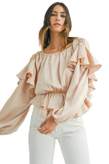 Oatmeal Lace-up Keyhole Back Ruffled Peplum Blouse Blouses & Shirts JT's Designer Fashion