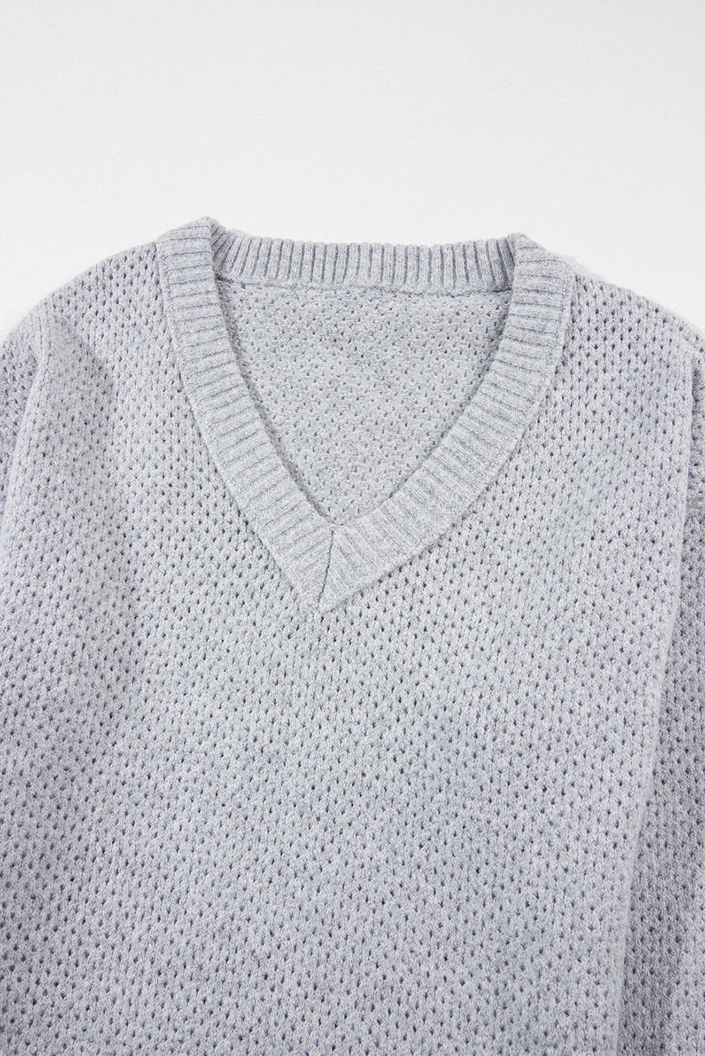 Light Grey Loose Eyelet V Neck Drop Shoulder Sweater Sweaters JT's Designer Fashion