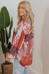 Red Boho Geometric Mixed Print Patchwork Bubble Sleeve Shirt Blouses & Shirts JT's Designer Fashion