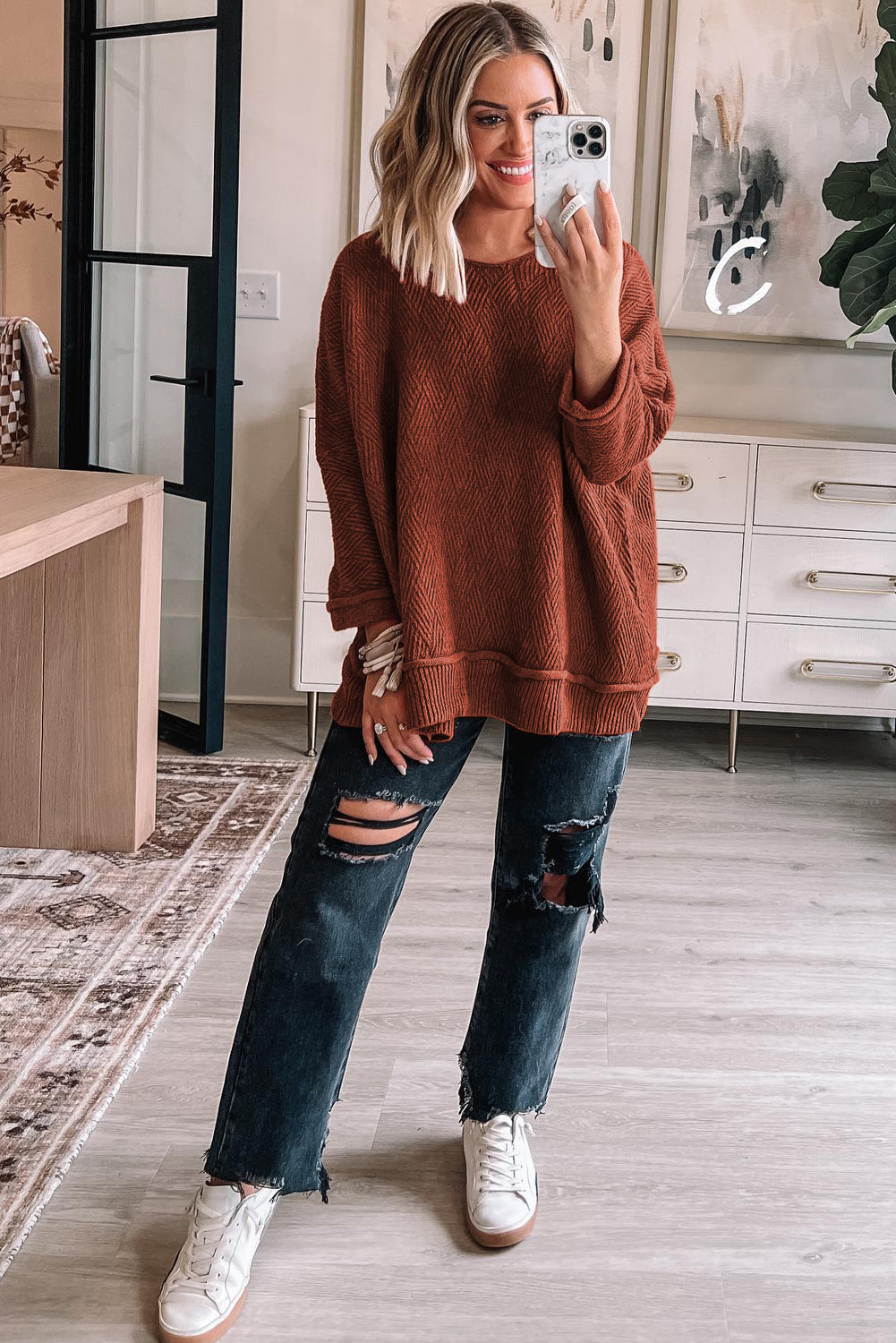Gold Flame Solid Color Textured Crew Neck Loose Sweater Sweaters JT's Designer Fashion