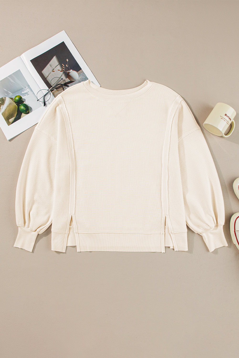 White Waffle Knit Bishop Sleeve Split Oversized Sweatshirt Sweatshirts & Hoodies JT's Designer Fashion