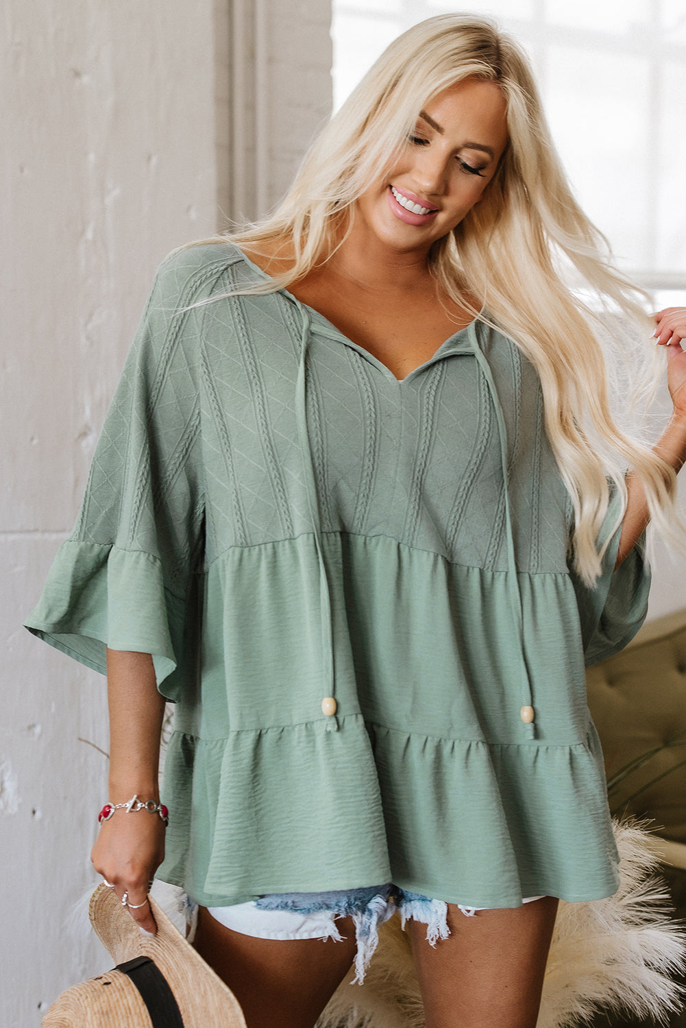 Laurel Green Tie Split Neck Textured Ruffle Patchwork Blouse Blouses & Shirts JT's Designer Fashion