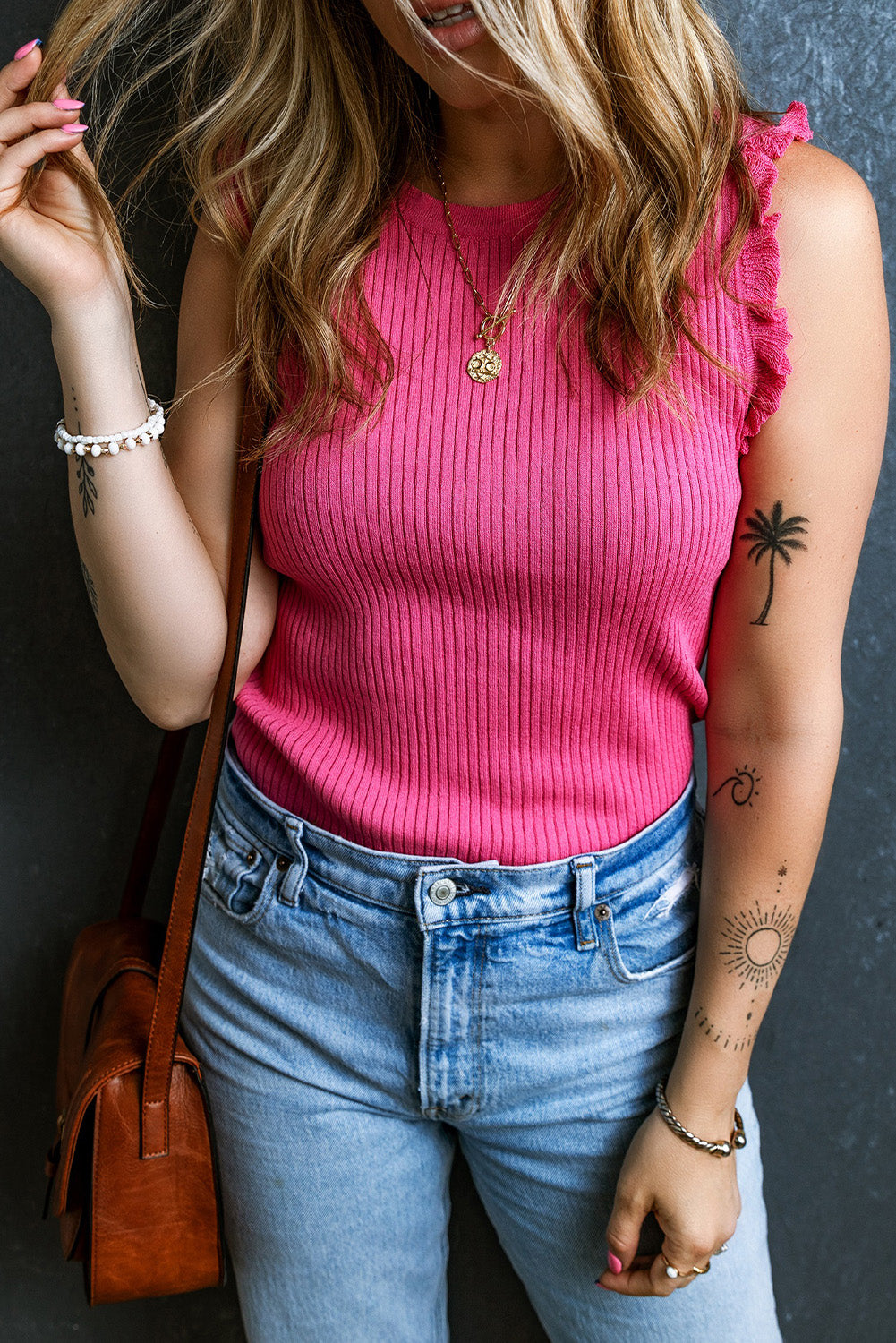 Bright Pink Frilly Trim Ribbed Knit Round Neck Tank Top Sweaters & Cardigans JT's Designer Fashion